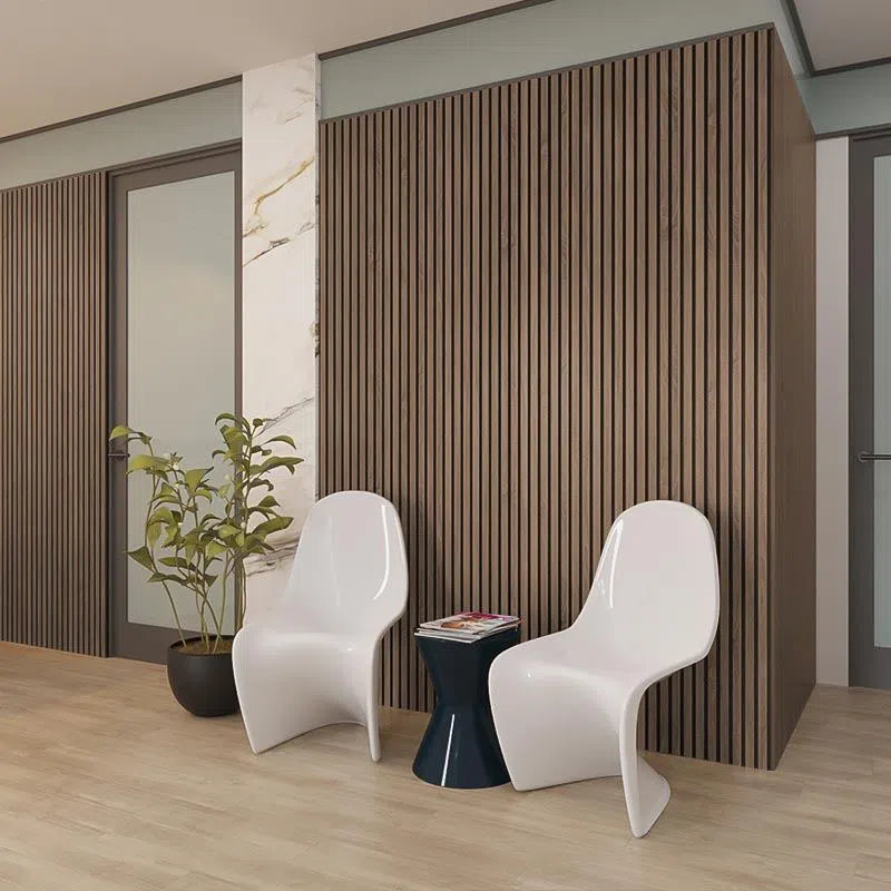 Walnut Acoustic Wood Slat Wall Panel in sitting area interior DecorMania UK